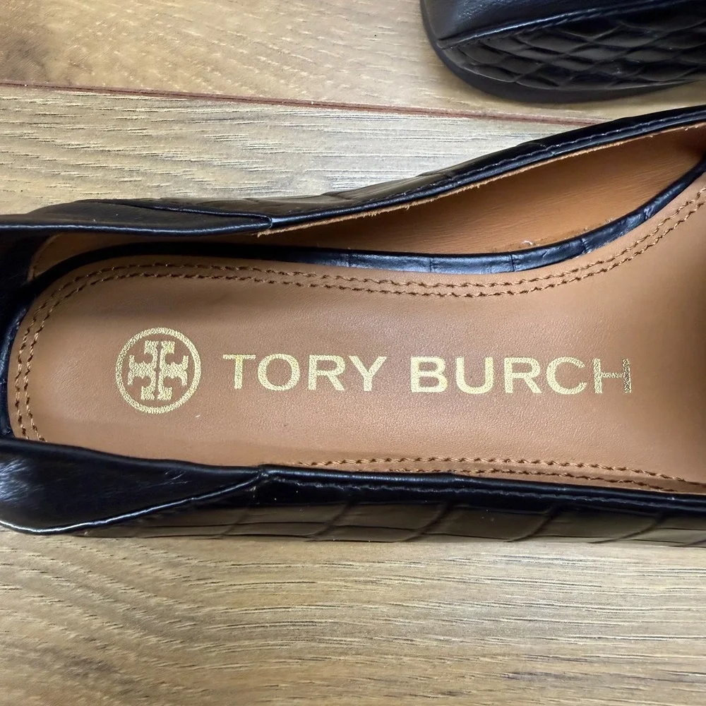 Tory Burch Charm Loafer 6 M Cocoa Croc Black Leather Bow Slip On Convertible